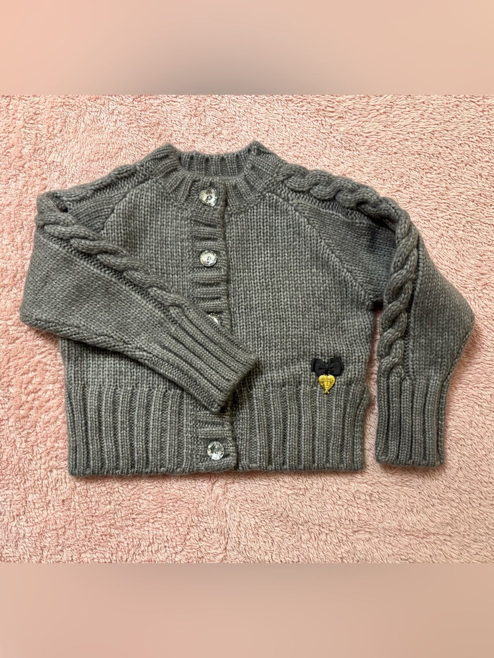 Girls' Gray Cable-Knit Cardigan with Heart Accent